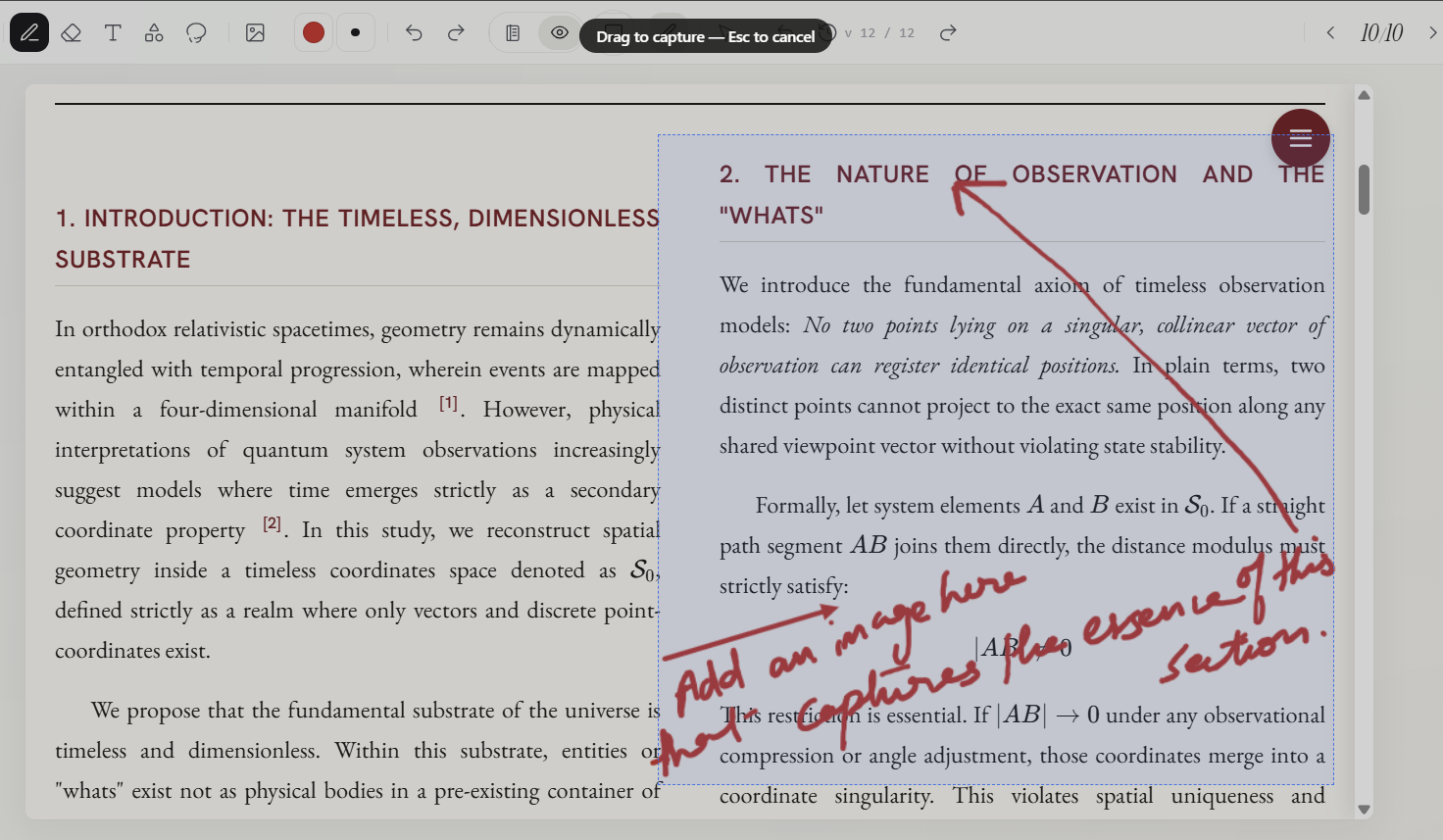 Dragging a box over the preview to capture a region, with a hand-drawn instruction on it