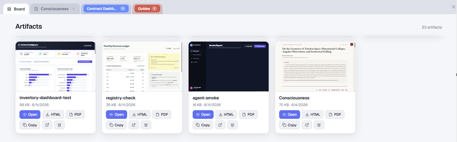 The Notebook Artifact board — a grid of generated pages as live-preview cards with grouped tabs