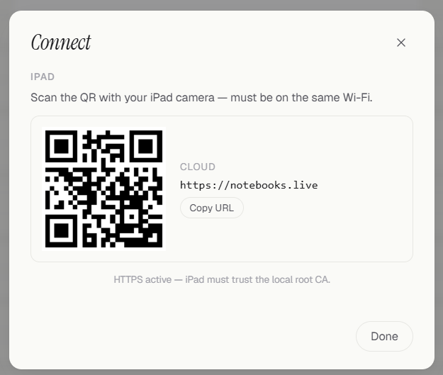 The Connect dialog showing a QR code to pair a tablet or mobile