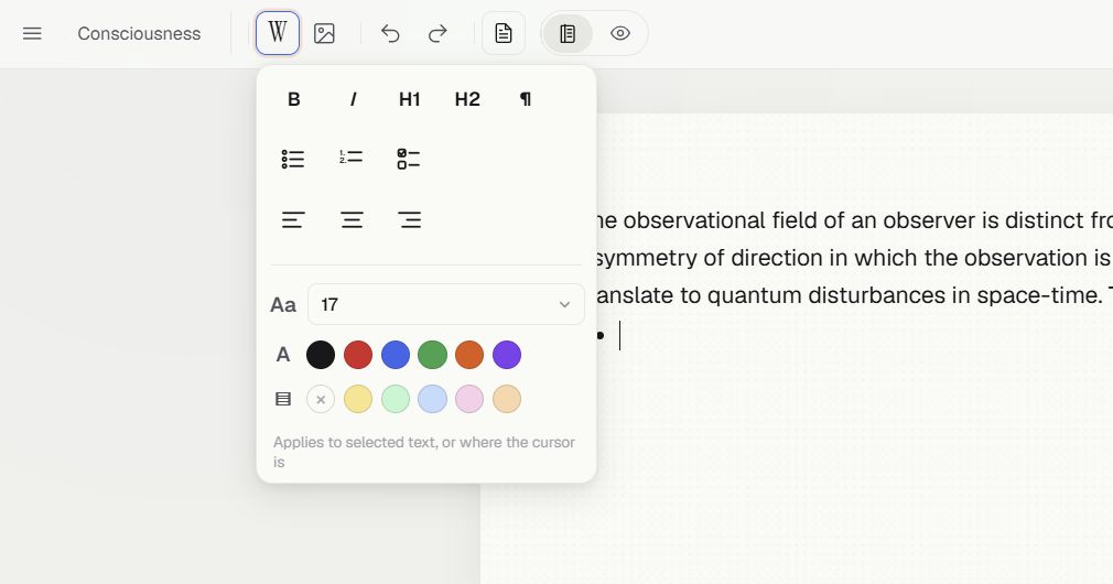 A document page with the W formatting menu open