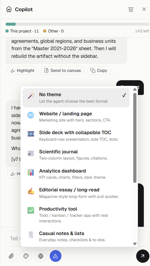 The Co-pilot theme picker: No theme, Website, Slide deck, Scientific journal, Analytics dashboard, Editorial essay, Productivity tool, and Casual notes